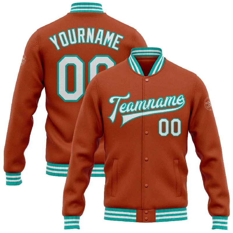 Stylish Moto Jacket for Edgy Looks-Custom Texas Orange White-Aqua Bomber Full-Snap Varsity Letterman Jacket