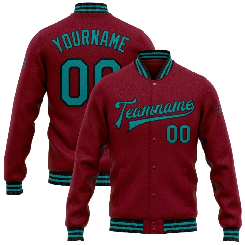 Slim Fit Trench Coat Jacket for Timeless Fashion-Custom Crimson Teal-Black Bomber Full-Snap Varsity Letterman Jacket