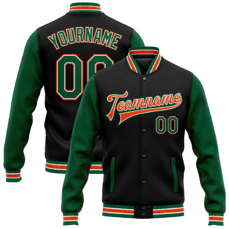 Casual Military Style Jacket for Practical Wear-Custom Black Kelly Green-Orange Bomber Full-Snap Varsity Letterman Two Tone Jacket