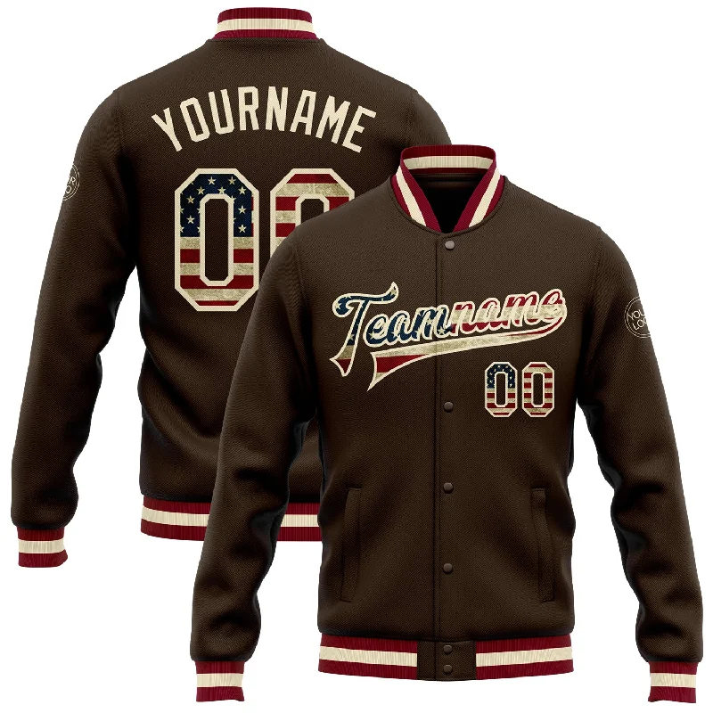 Modern Bomber Jacket for Effortless Cool-Custom Brown Vintage USA Flag Cream-Maroon Bomber Full-Snap Varsity Letterman Jacket