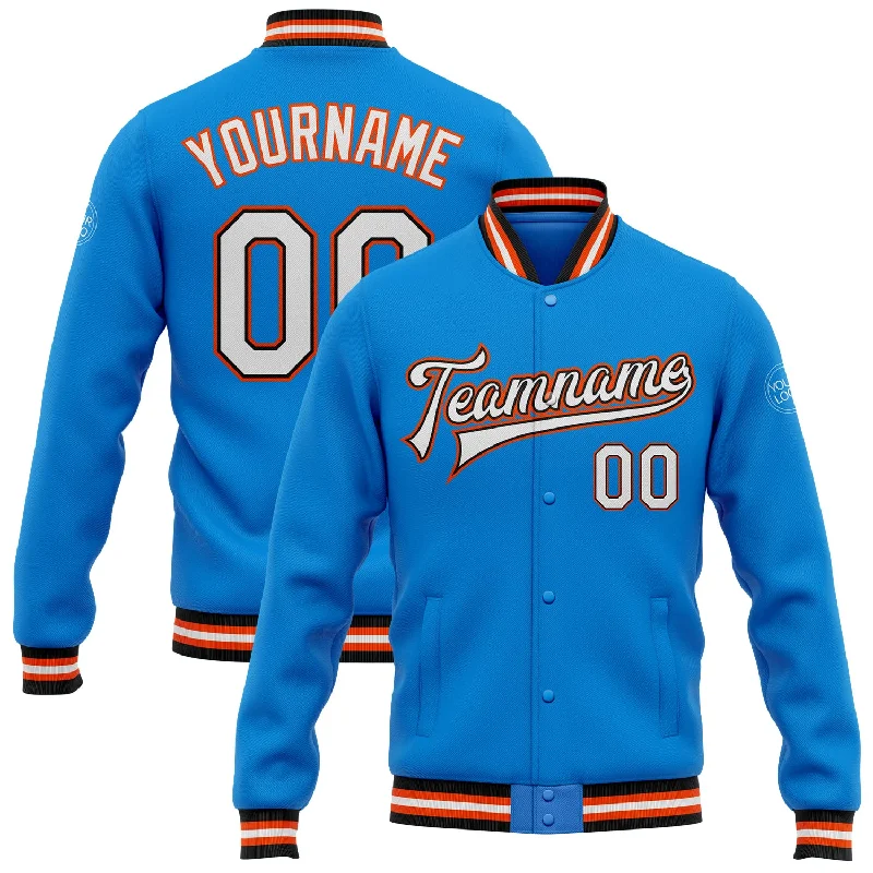 Soft Wool Jacket for Fall Fashion-Custom Powder Blue White Black-Orange Bomber Full-Snap Varsity Letterman Jacket