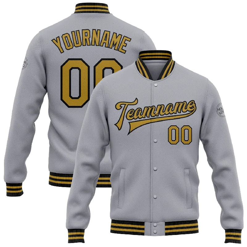 Functional Waterproof Jacket for Outdoor Activities-Custom Gray Old Gold-Black Bomber Full-Snap Varsity Letterman Jacket