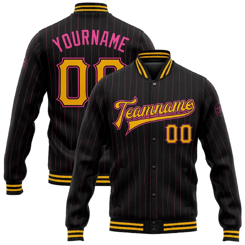 Modern Utility Jacket for Work and Play-Custom Black Pink Pinstripe Gold Bomber Full-Snap Varsity Letterman Jacket