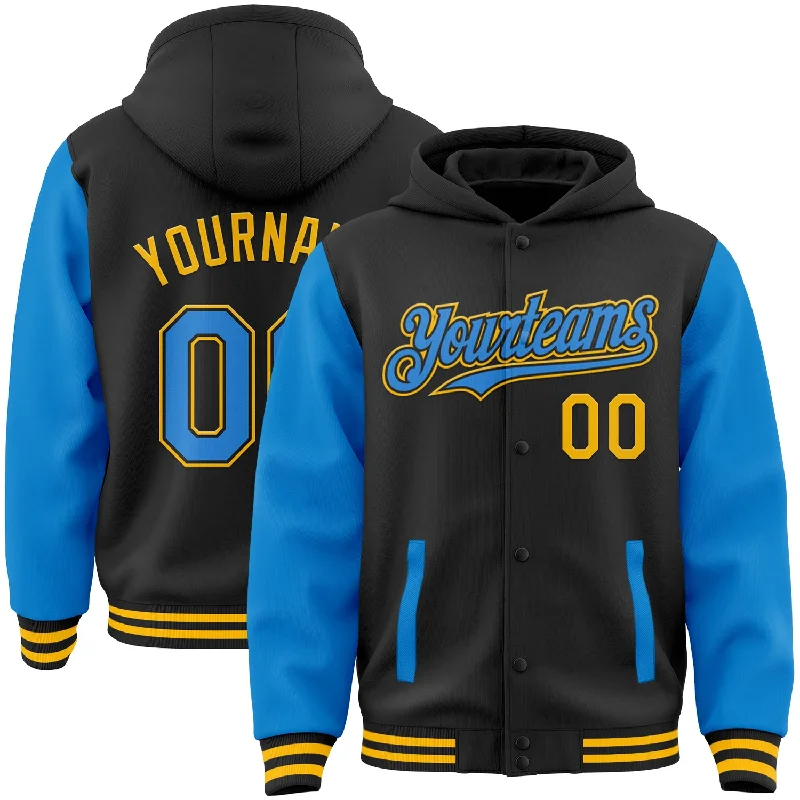 Cozy Hoodie for Relaxing at Home-Custom Black Powder Blue-Gold Bomber Full-Snap Varsity Letterman Two Tone Hoodie Jacket