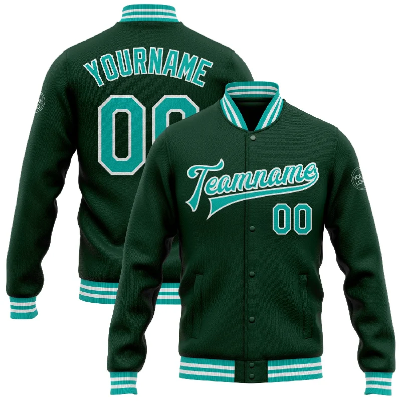 Windproof Sports Jacket for Running-Custom Green Aqua-White Bomber Full-Snap Varsity Letterman Jacket