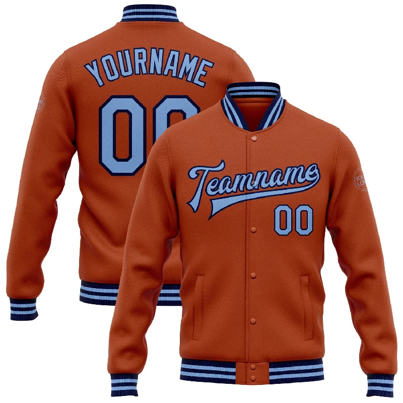 Trendy Fleece Jacket for Winter Outfits-Custom Texas Orange Light Blue-Navy Bomber Full-Snap Varsity Letterman Jacket