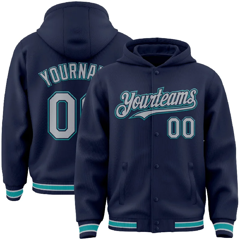 Hoodie with Adjustable Drawstrings for Perfect Fit-Custom Navy Gray-Teal Bomber Full-Snap Varsity Letterman Hoodie Jacket