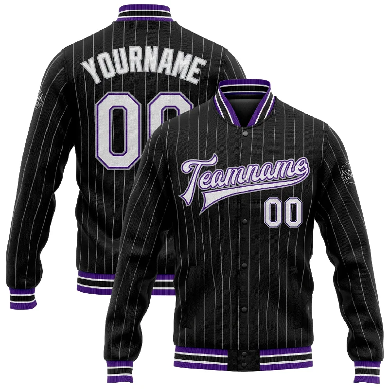 Warm Waterproof Jacket for Stormy Conditions-Custom Black Gray Pinstripe White-Purple Bomber Full-Snap Varsity Letterman Jacket