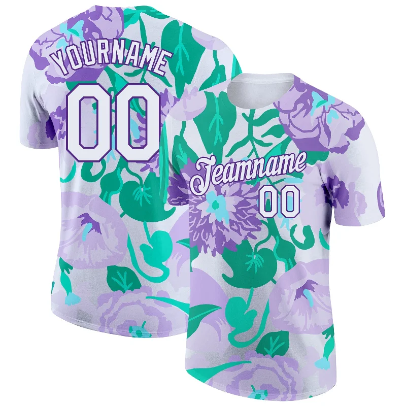 High-Quality Cotton T-Shirt for Long-Lasting Wear-Custom Purple White 3D Pattern Design Flowers Performance T-Shirt