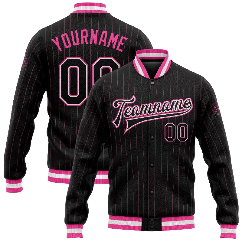 Cozy Quilted Jacket for Fall and Winter-Custom Black Pink Pinstripe Black-White Bomber Full-Snap Varsity Letterman Jacket