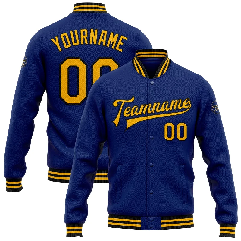 Soft Shell Jacket for Spring Weather-Custom Royal Gold-Black Bomber Full-Snap Varsity Letterman Jacket