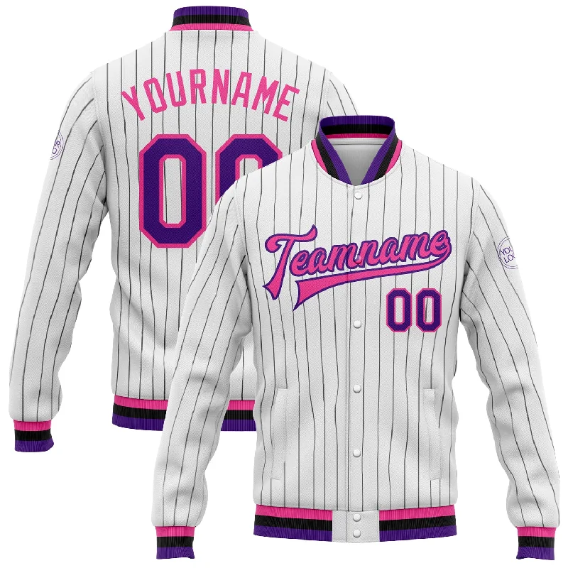 Trendy Fleece Jacket for Winter Outfits-Custom White Black Pinstripe Purple-Pink Bomber Full-Snap Varsity Letterman Jacket