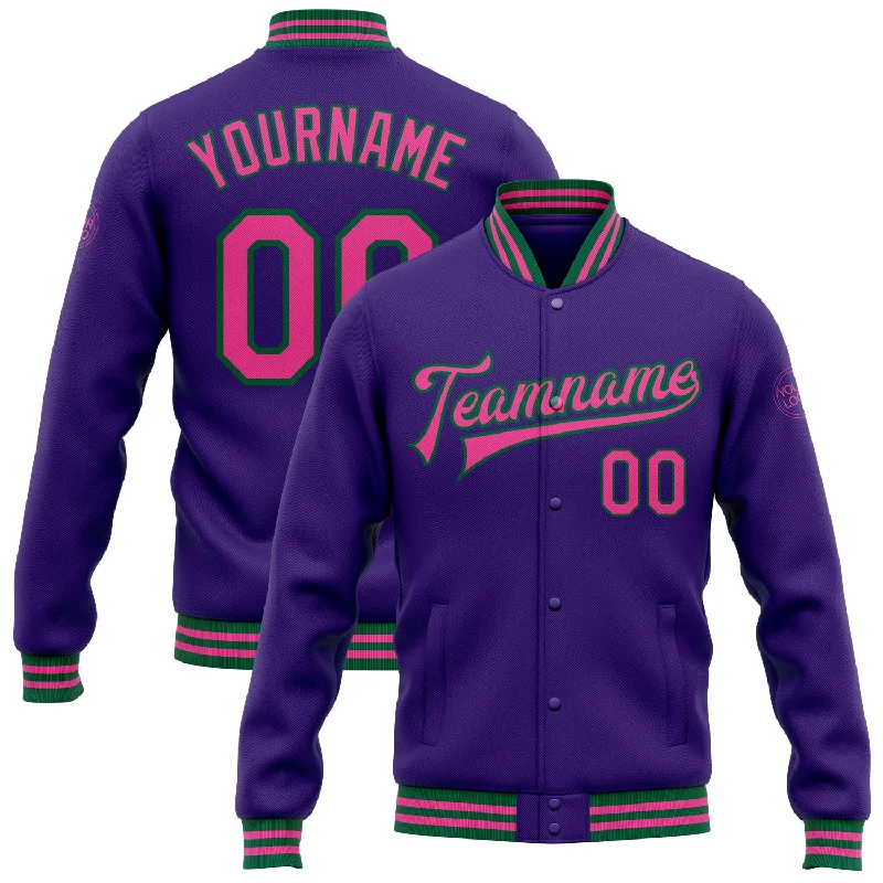 Waterproof Running Jacket for Active Days-Custom Purple Pink-Kelly Green Bomber Full-Snap Varsity Letterman Jacket