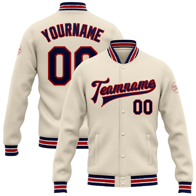 Soft Wool Jacket for Fall Fashion-Custom Cream Navy-Red Bomber Full-Snap Varsity Letterman Jacket