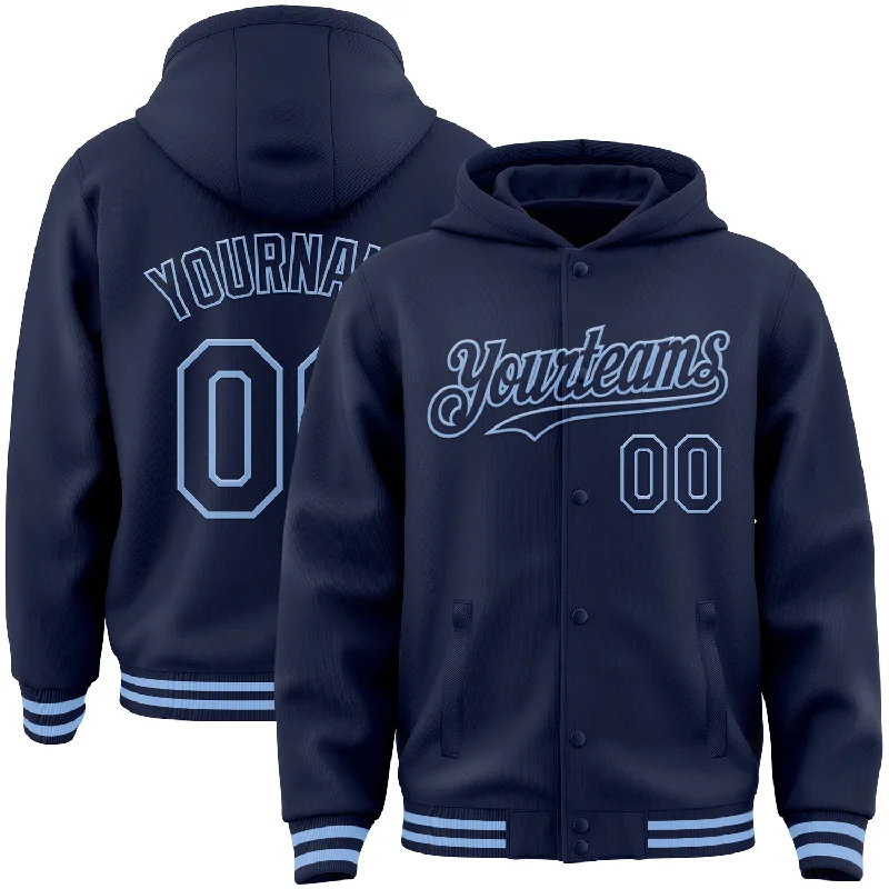 Zip-Up Hoodie for Easy On-and-Off Wear-Custom Navy Light Blue Bomber Full-Snap Varsity Letterman Hoodie Jacket