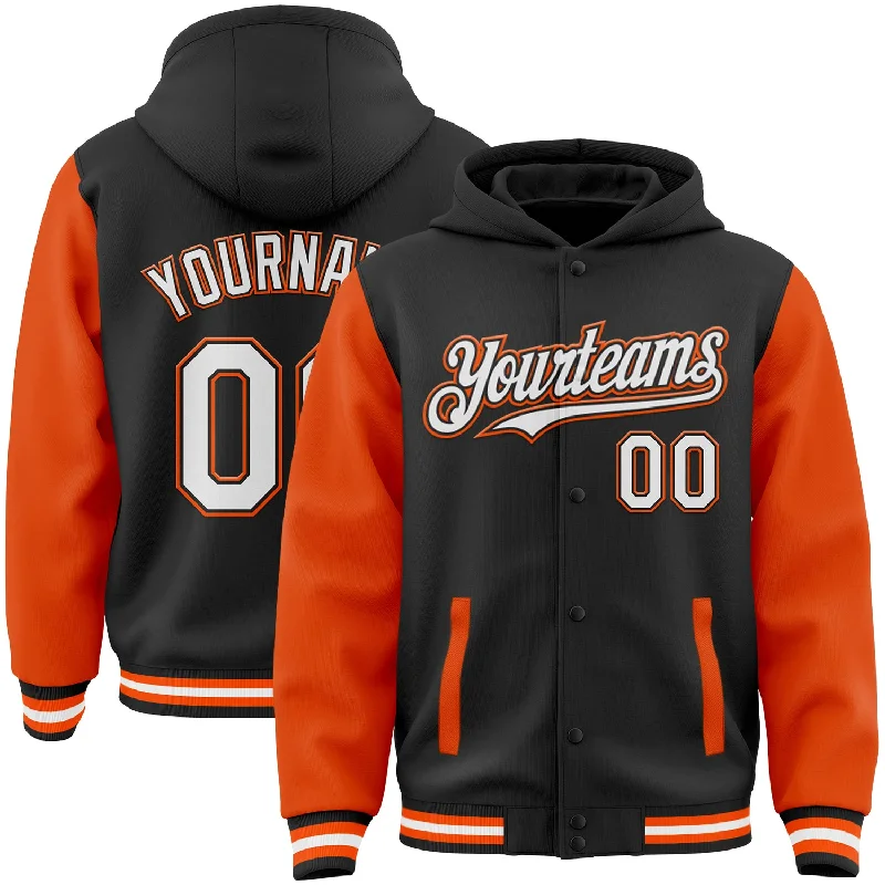 Hoodie with Front Pocket for Practical Use-Custom Black White-Orange Bomber Full-Snap Varsity Letterman Two Tone Hoodie Jacket