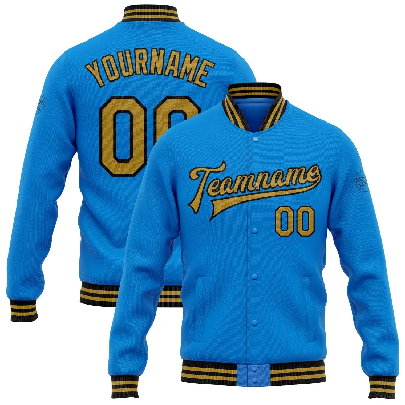 Lightweight Soft Shell Jacket for Hiking-Custom Powder Blue Old Gold-Black Bomber Full-Snap Varsity Letterman Jacket