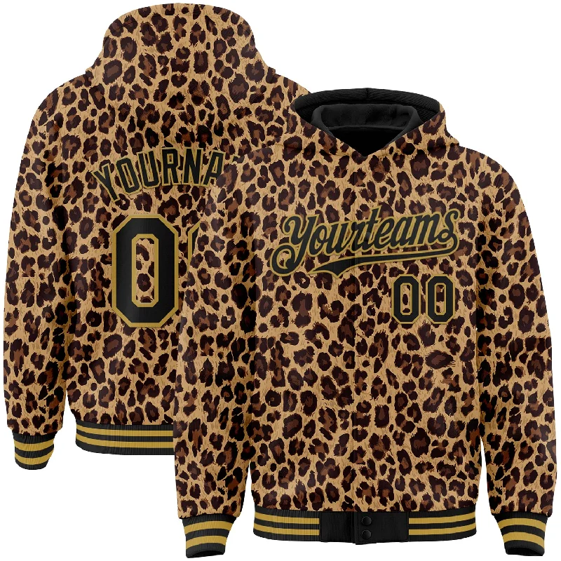 Hoodie with Zipper Pockets for Convenience-Custom Brown Black-Old Gold Leopard Print 3D Pattern Design Bomber Full-Snap Varsity Letterman Hoodie Jacket