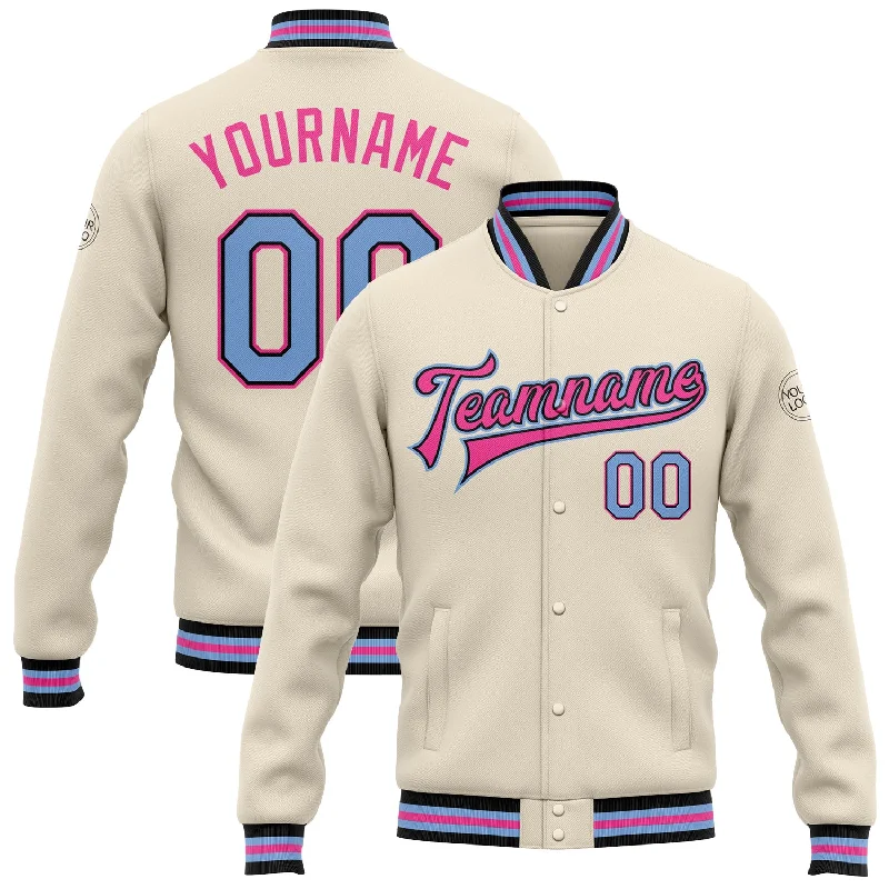 Lightweight Stretch Jacket for Outdoor Activities-Custom Cream Light Blue Black-Pink Bomber Full-Snap Varsity Letterman Jacket