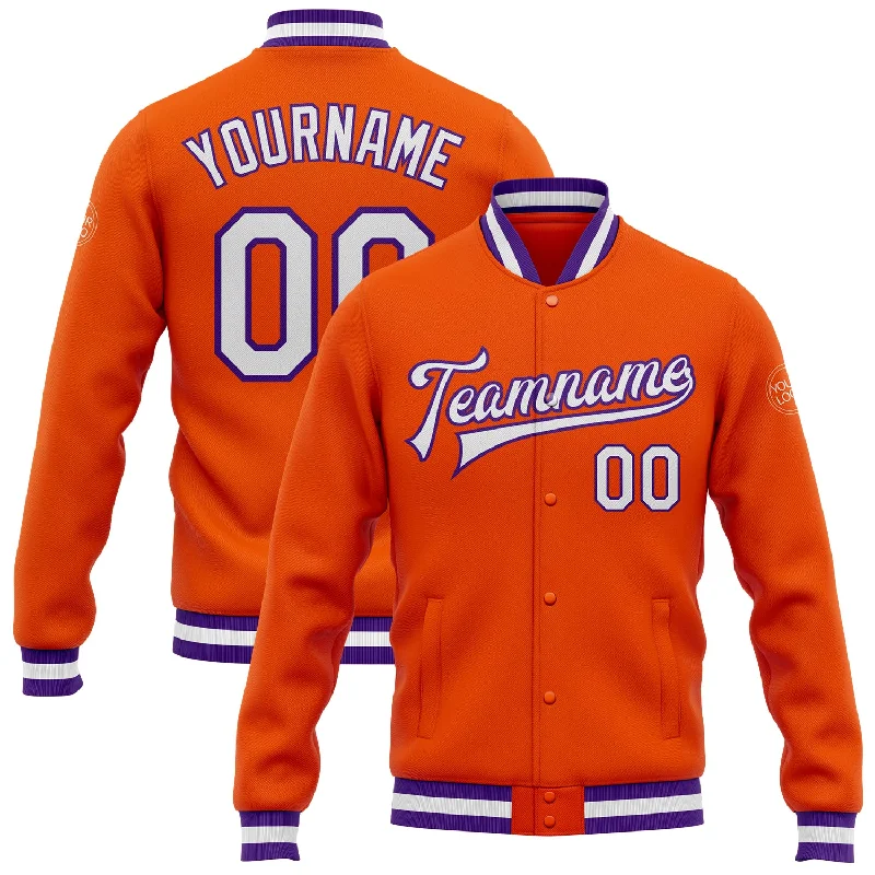 Casual Quilted Jacket for Fall Fashion Looks-Custom Orange White-Purple Bomber Full-Snap Varsity Letterman Jacket