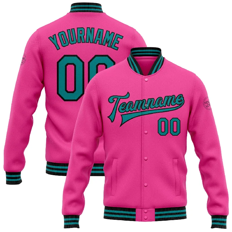 Cozy Long Parka Jacket for Winter Warmth-Custom Pink Teal-Black Bomber Full-Snap Varsity Letterman Jacket