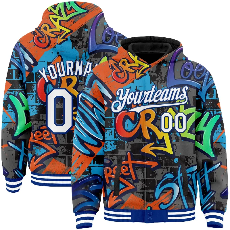 Classic Hoodie with a Simple Design-Custom Graffiti Pattern White-Royal Abstract Urban Street Art 3D Bomber Full-Snap Varsity Letterman Hoodie Jacket