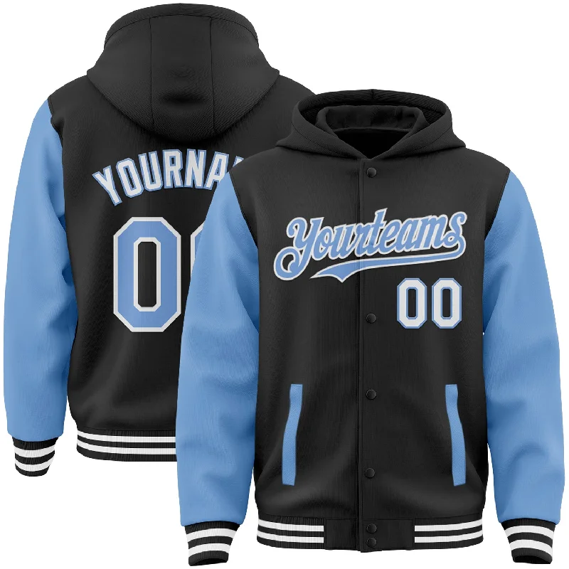 Cozy Hoodie for Weekend Relaxation-Custom Black Light Blue-White Bomber Full-Snap Varsity Letterman Two Tone Hoodie Jacket