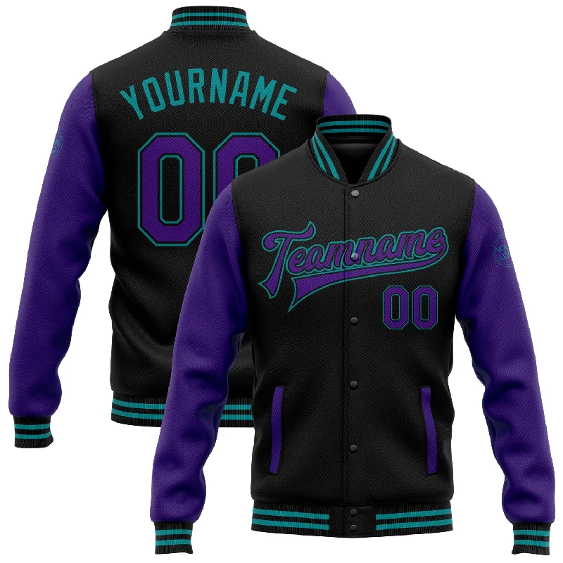 Packable Travel Jacket for On-the-Go Comfort-Custom Black Purple-Teal Bomber Full-Snap Varsity Letterman Two Tone Jacket