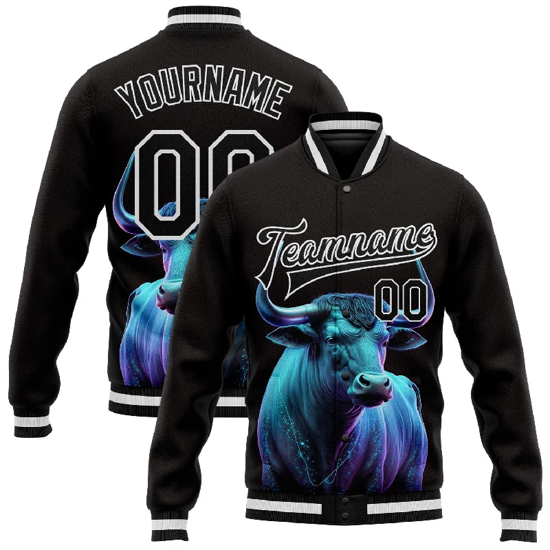 Classic Double-Breasted Trench Coat Jacket-Custom Black White A Blue Bull With Blue Horns 3D Pattern Design Bomber Full-Snap Varsity Letterman Jacket