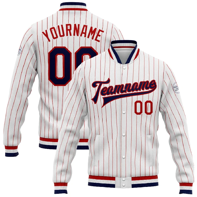 Stylish Utility Jacket for Casual Outfits-Custom White Red Pinstripe Navy Bomber Full-Snap Varsity Letterman Jacket