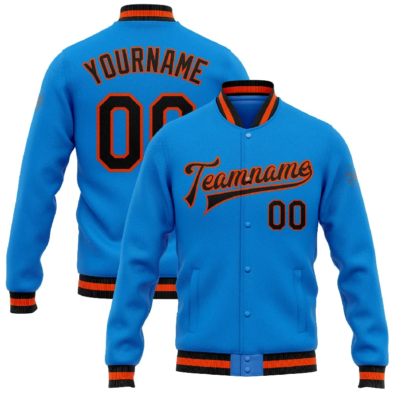 Sporty Active Jacket for Fitness Enthusiasts-Custom Powder Blue Black-Orange Bomber Full-Snap Varsity Letterman Jacket