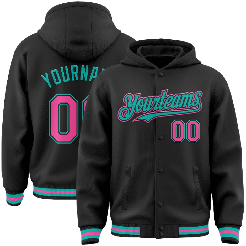 Cozy Hoodie for Every Season-Custom Black Pink-Aqua Bomber Full-Snap Varsity Letterman Hoodie Jacket