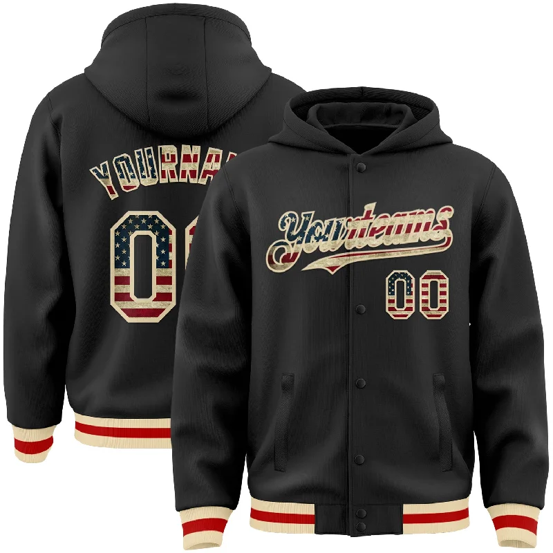 Lightweight Hoodie for Gym and Outdoor Activities-Custom Black Vintage USA Flag Cream-Red Bomber Full-Snap Varsity Letterman Hoodie Jacket