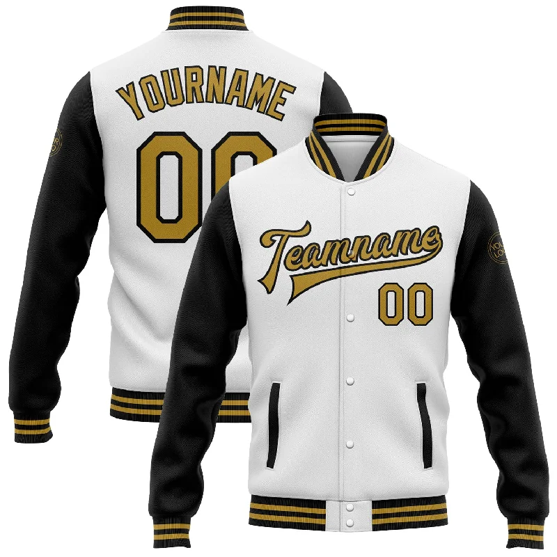 Windproof Sports Jacket for Running-Custom White Old Gold-Black Bomber Full-Snap Varsity Letterman Two Tone Jacket