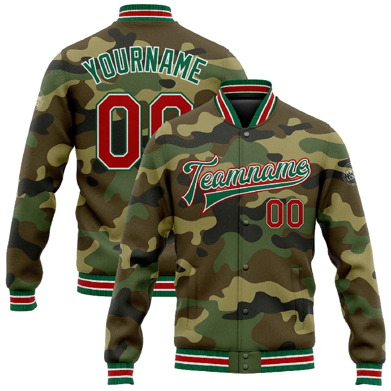 Waterproof Jacket for Outdoor Exploration-Custom Camo Red-Kelly Green Bomber Full-Snap Varsity Letterman Salute To Service Jacket