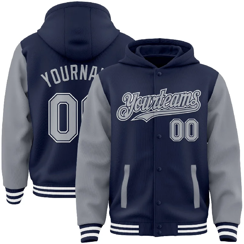 Comfortable Hoodie for Loungewear-Custom Navy Gray-White Bomber Full-Snap Varsity Letterman Two Tone Hoodie Jacket