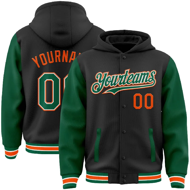 Soft Velour Hoodie for Luxe Comfort-Custom Black Kelly Green-Orange Bomber Full-Snap Varsity Letterman Two Tone Hoodie Jacket