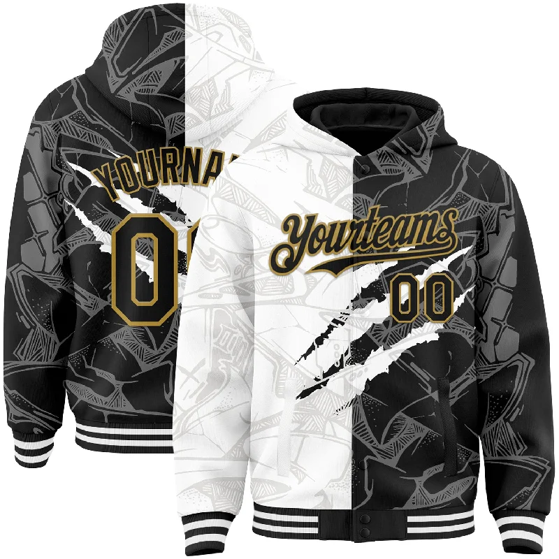 Soft Cotton Hoodie for Everyday Wear-Custom Graffiti Pattern Black-Old Gold Scratch 3D Bomber Full-Snap Varsity Letterman Hoodie Jacket