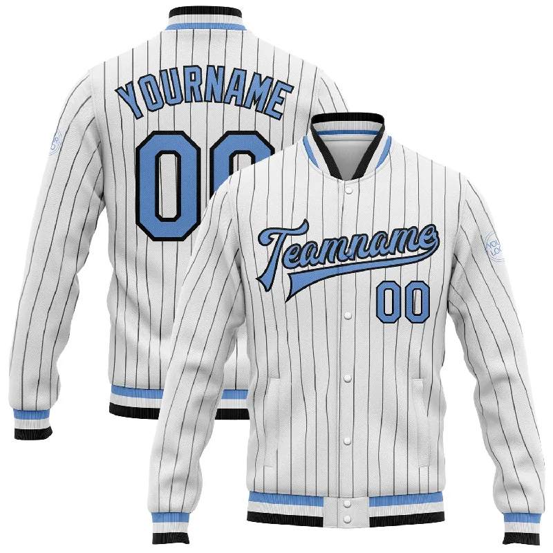 Waterproof Jacket for Outdoor Exploration-Custom White Black Pinstripe Light Blue Bomber Full-Snap Varsity Letterman Jacket