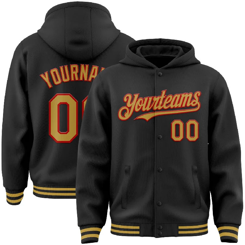 Soft Hoodie for Home Comfort-Custom Black Old Gold-Red Bomber Full-Snap Varsity Letterman Hoodie Jacket