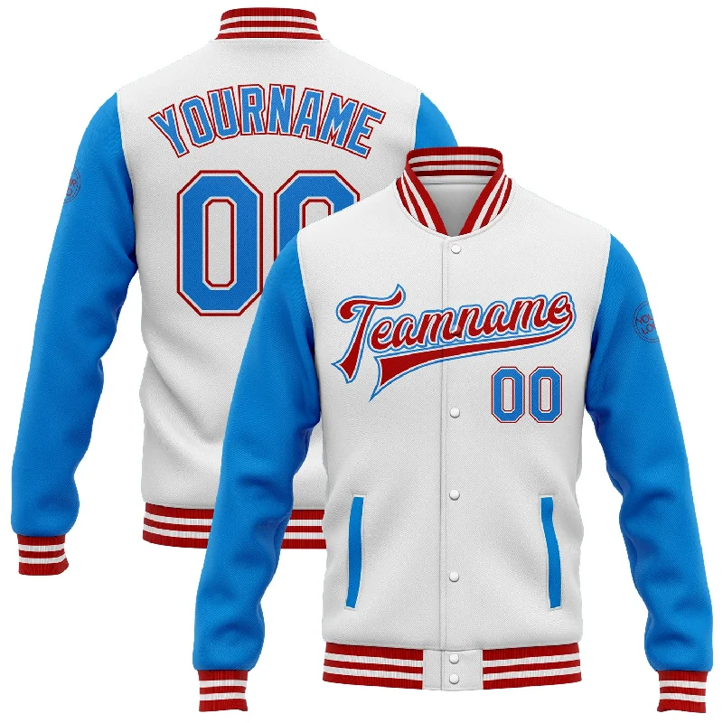 Breathable Rainproof Jacket for Outdoor Activities-Custom White Powder Blue-Red Bomber Full-Snap Varsity Letterman Two Tone Jacket