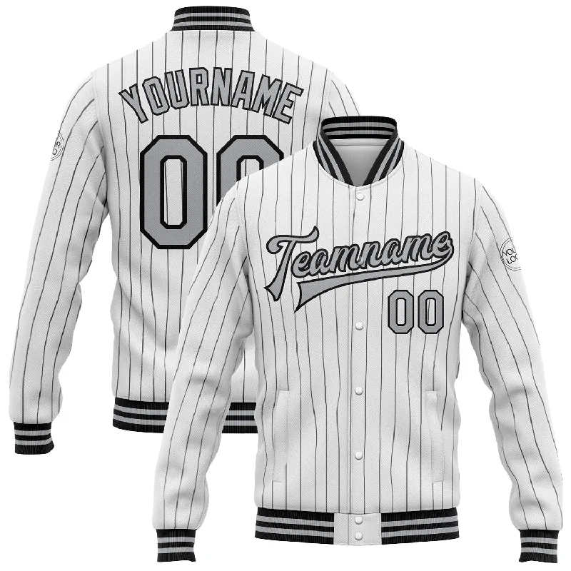 Long Sleeve Zip-Up Jacket for Easy Layering-Custom White Black Pinstripe Gray Bomber Full-Snap Varsity Letterman Jacket