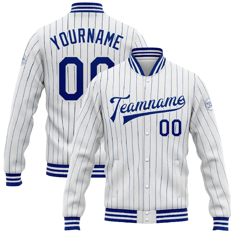 Athletic Wear Jacket for Running and Jogging-Custom White Royal Pinstripe Royal Bomber Full-Snap Varsity Letterman Jacket