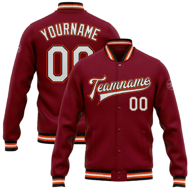 Comfortable Everyday Fleece Jacket for Casual Wear-Custom Crimson White Black-Orange Bomber Full-Snap Varsity Letterman Jacket