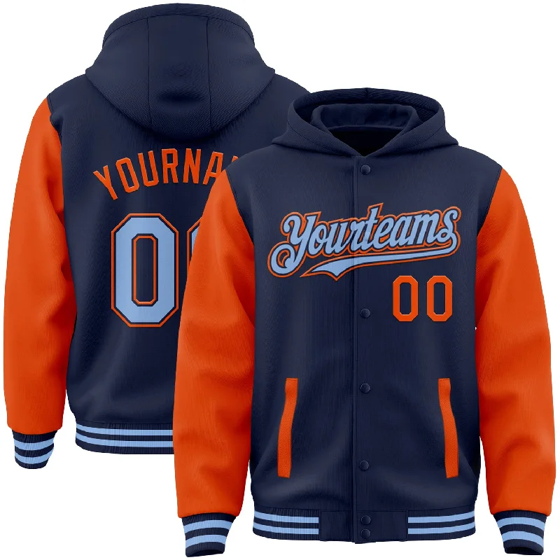 Soft Hoodie with Zip and Drawstring-Custom Navy Light Blue-Orange Bomber Full-Snap Varsity Letterman Two Tone Hoodie Jacket