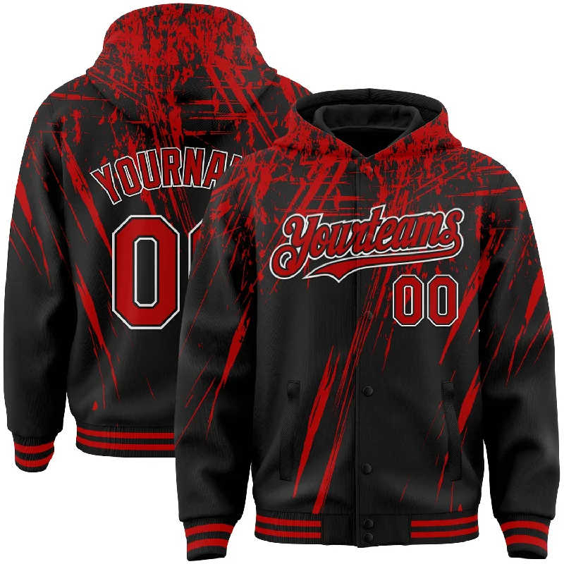 Comfortable Hoodie with a Relaxed Fit-Custom Black Red-White Splash 3D Pattern Design Bomber Full-Snap Varsity Letterman Hoodie Jacket