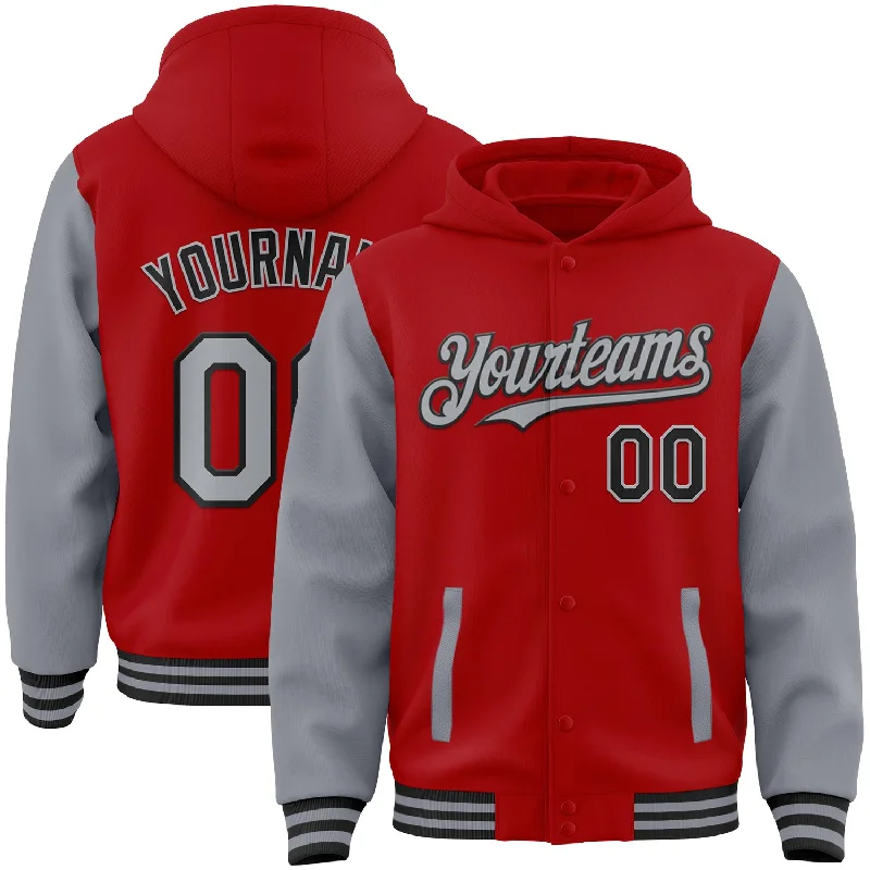 Lightweight Hooded Sweatshirt for Cool Days-Custom Red Gray-Black Bomber Full-Snap Varsity Letterman Two Tone Hoodie Jacket