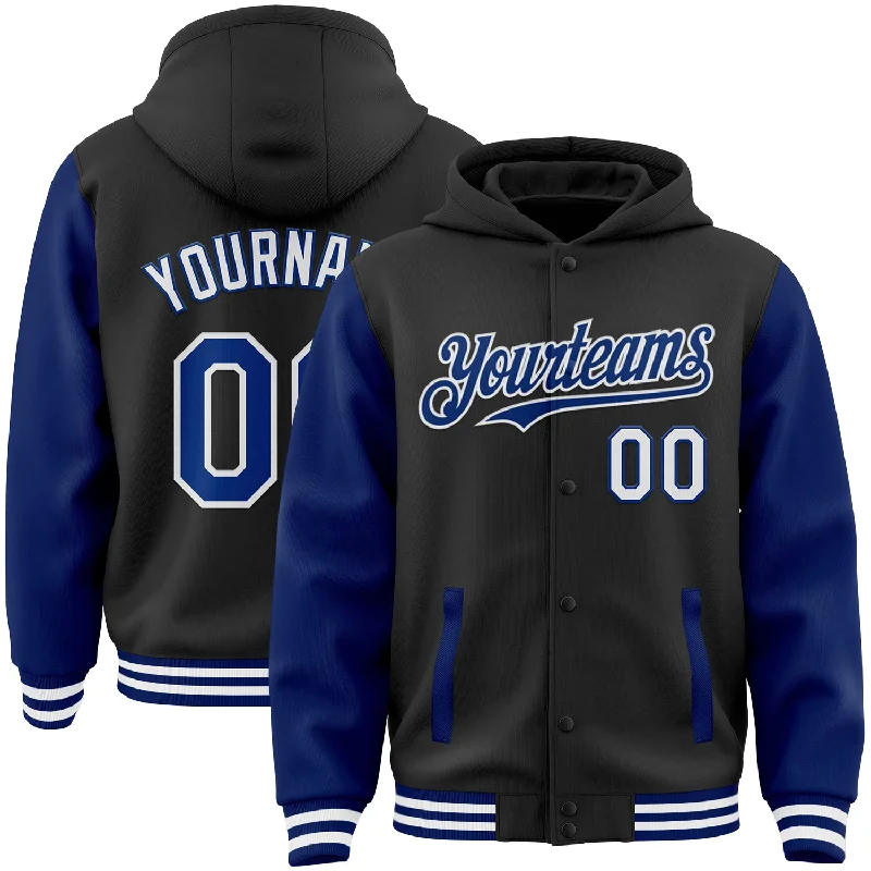 Practical Hoodie for All-Day Wear-Custom Black Royal-White Bomber Full-Snap Varsity Letterman Two Tone Hoodie Jacket