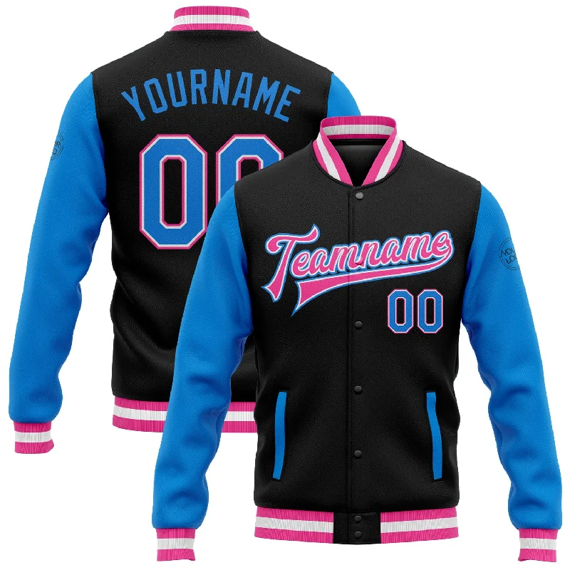 Fashionable Fleece-Lined Zip Jacket for Cold Days-Custom Black Powder Blue-Pink Bomber Full-Snap Varsity Letterman Two Tone Jacket