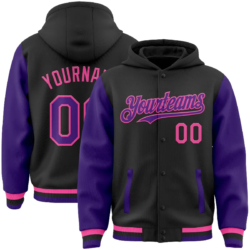 Fashionable Oversized Hoodie for Street Style-Custom Black Purple-Pink Bomber Full-Snap Varsity Letterman Two Tone Hoodie Jacket